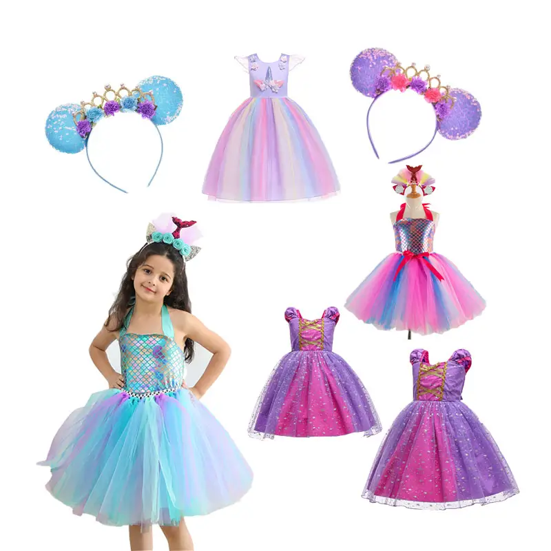 Vestido Cumpleaños Niña Espectáculo de Halloween Vestido de princesa para niños Vestido sin mangas de malla colorido