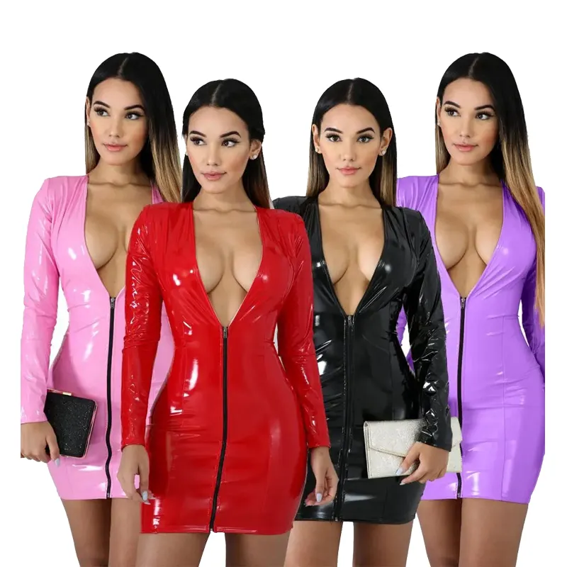 Robe en cuir pu à manches longues pour femmes, noir pu cuir latex sexy moulante robes moulantes