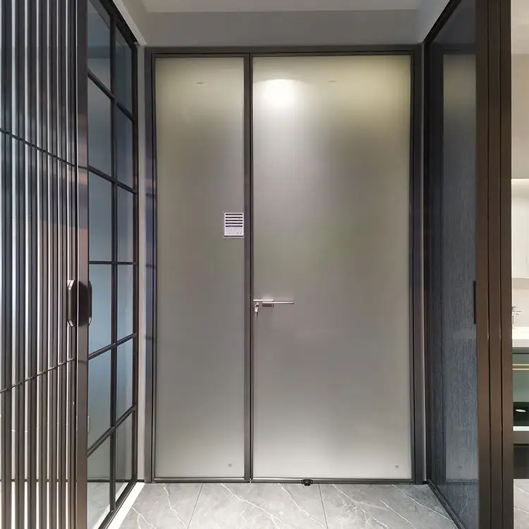 Puerta de baño Interior de vidrio esmerilado doble, marco estrecho de aluminio, moderno, para Hotel
