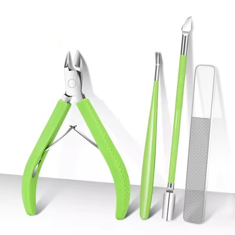 Pince à cuticules verte en silicone, repousse-cuticules en acier, lime en verre, sachet PP