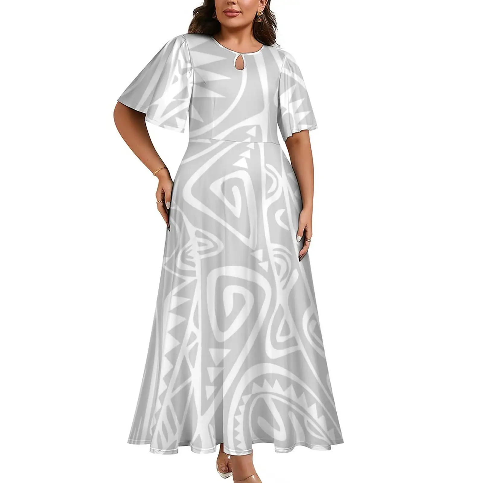 חם מכירות פלינסיזיות elei לבן שבטי עיצוב אלגנטי מותאם אישית מזדמנים נורמל עם שרוולים שרוכים שמלות צוואר