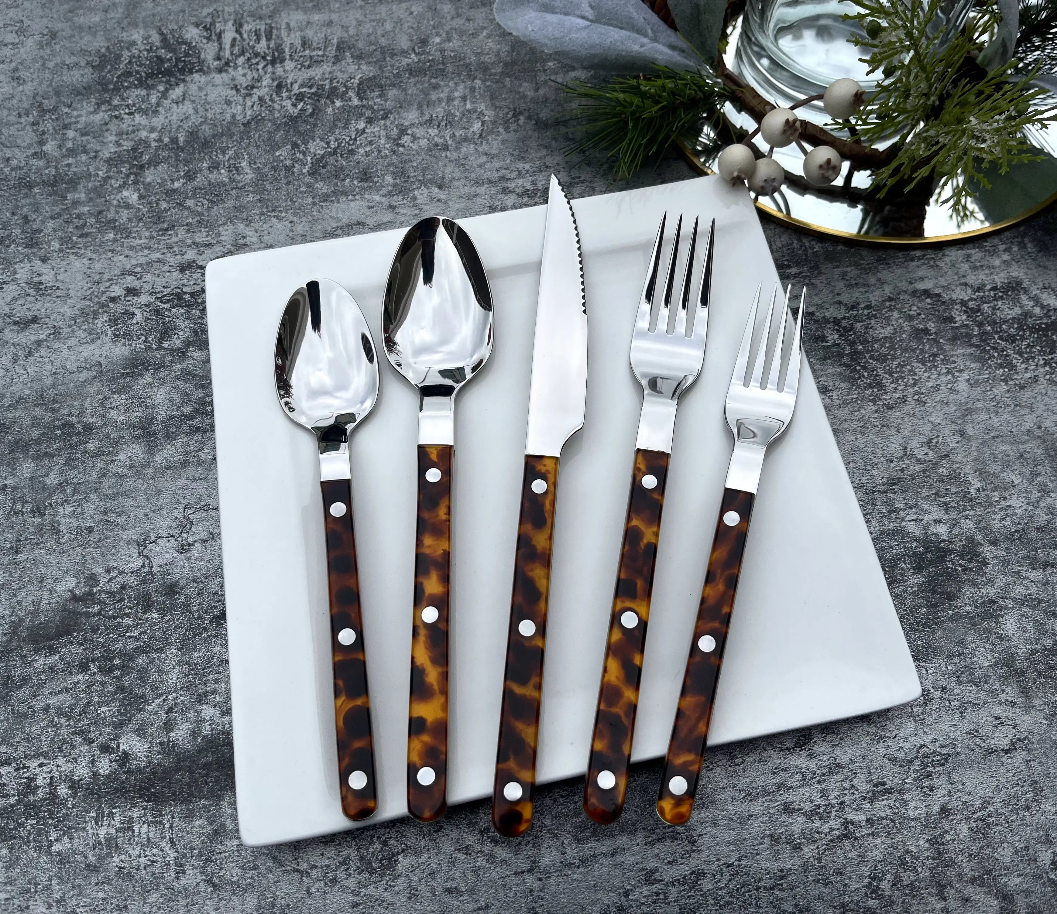Wedding Silverware 5 Piece Acrylic flatware Stainless Steel 304 Mirror Shining Tortoise cutlery set