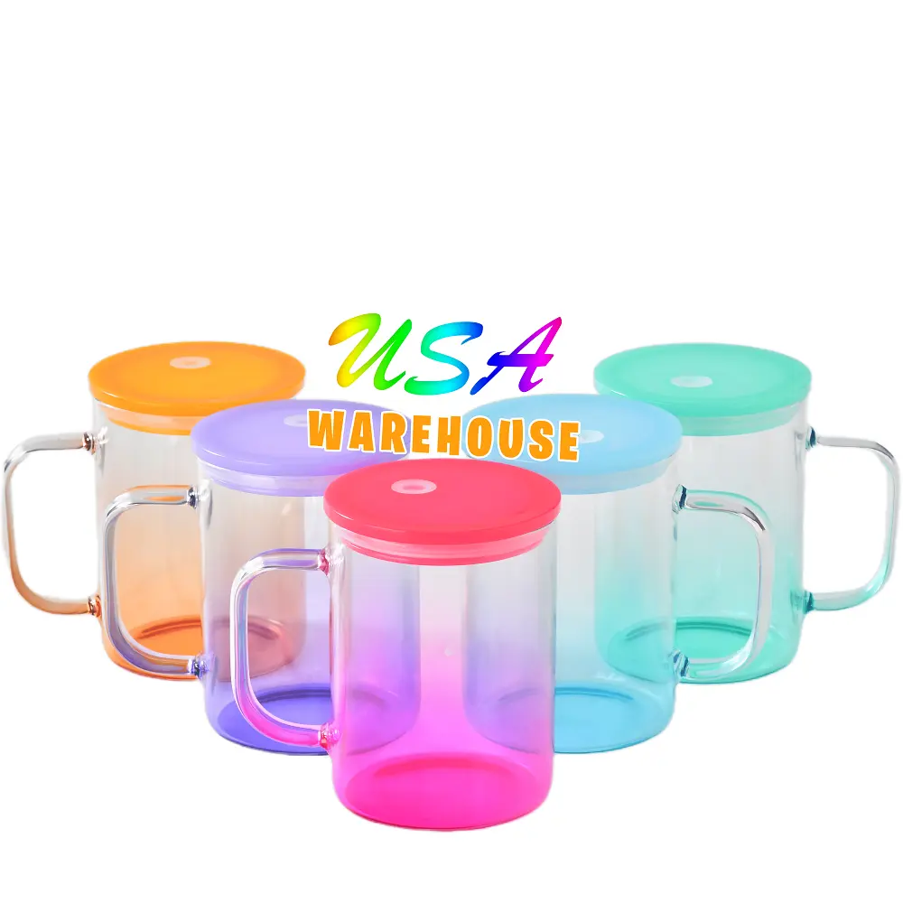 Caneca de vidro transparente transparente para sublimação de borosilicato 15 onças Jelly Ombre com alça e canudo, armazém dos EUA