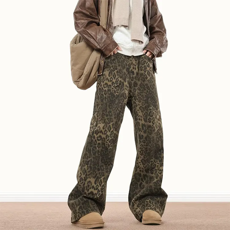 Calça de outono masculina com estampa de leopardo americano personalizada, calça larga casual americana para homens, jeans