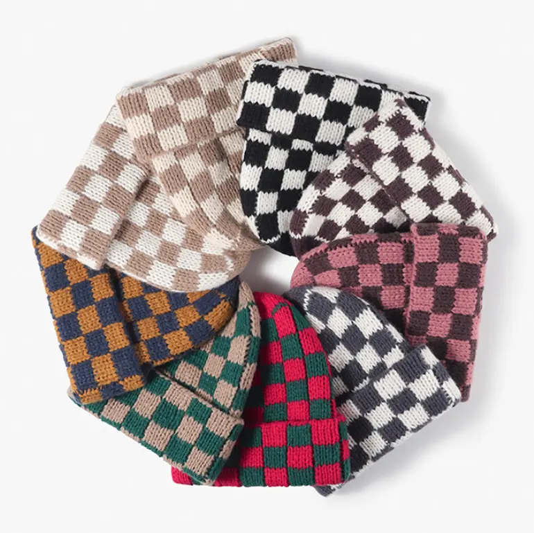 Nouveauté Bonnet à carreaux de créateur Bonnet d'hiver en damier Bonnet à manchette unique Bonnet tricoté doux et chaud Chapeaux