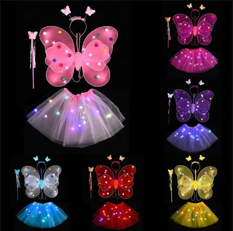 Girls Light up Fairy Costume Set fairy angel wings LED butterfly wings LED tutu skirt with Wand and Headband