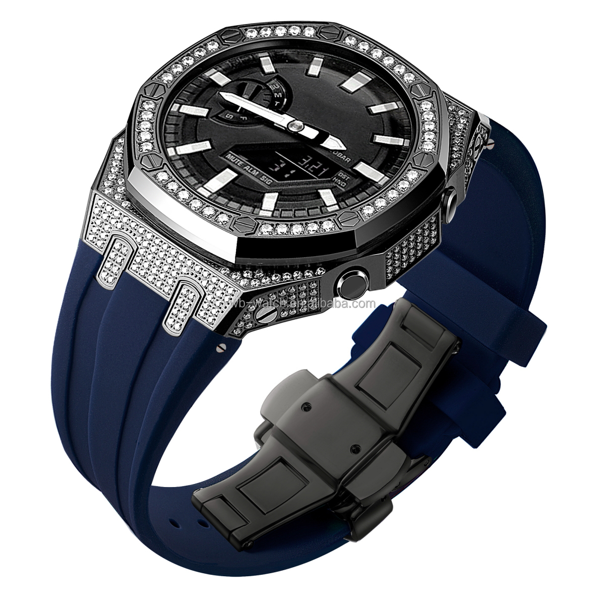 Diamond Set Black Ring +Black Case + Blue Strap