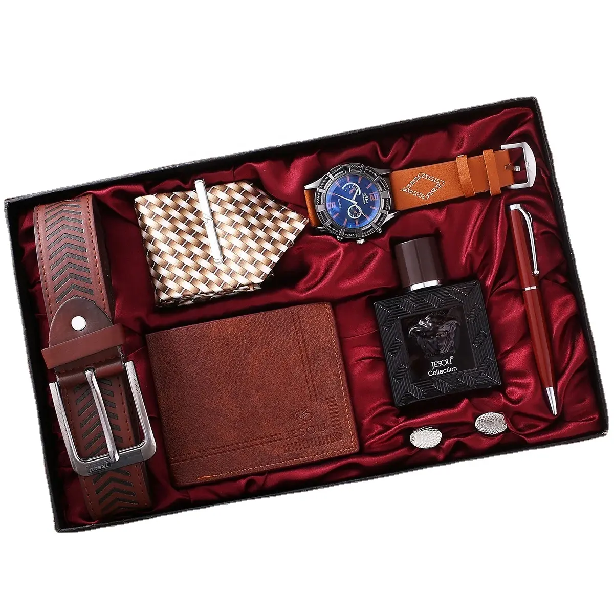 Hot-venda Luxo Homens Gift Set Pen Tie Belt Wallet Watch, Relógio de pulso dos homens de couro Business