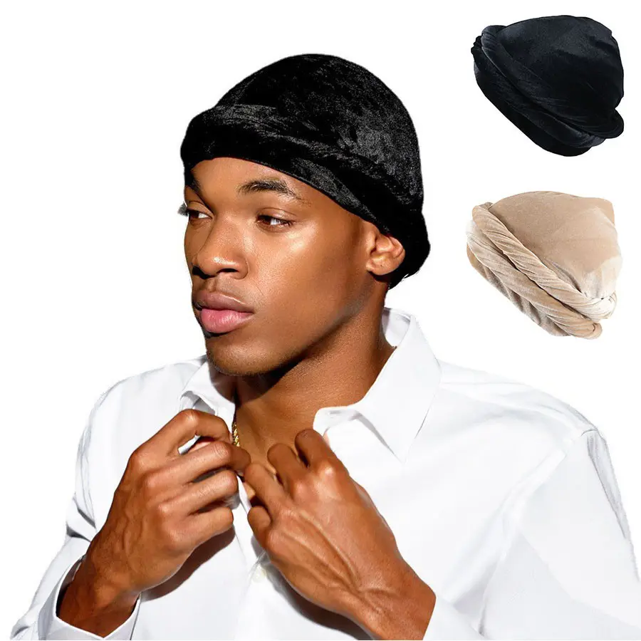 Bandana de veludo para homens, design personalizado de fábrica, forro de cetim seda, ez pz turbante