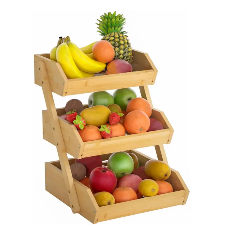 Mostrador de cocina, soporte organizador de almacenamiento de verduras, plato de madera, soporte de fruta de 3 niveles, cesta de frutas de Bambú