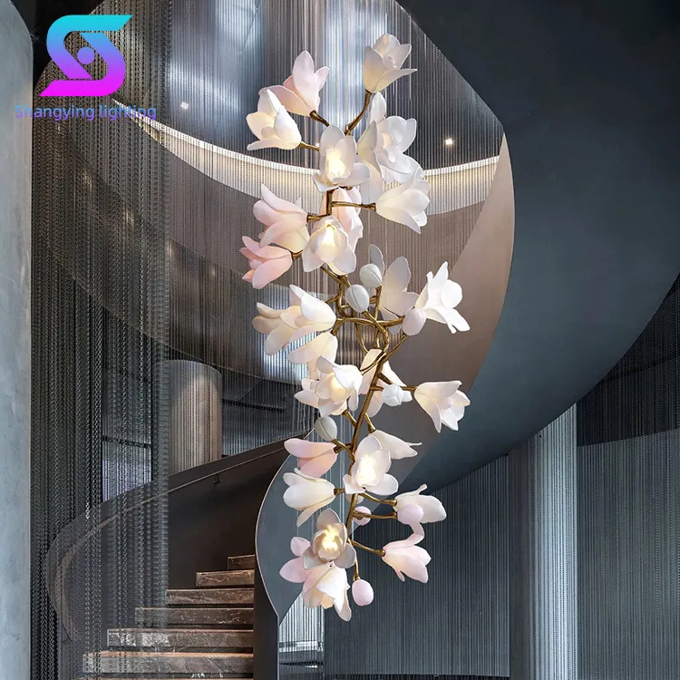 Modern Style Flower Custom Decorative Hotel Banquet Hall Long Stair Glass Leaf Chandelier