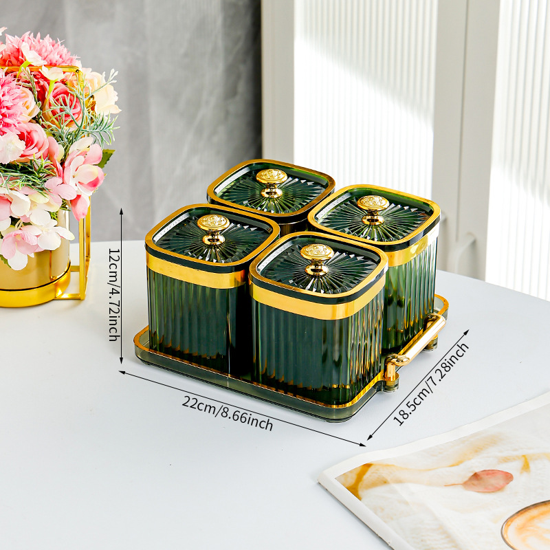 Fruit Green Square Jar with 4 Compartments - T-shaped Gold Handle