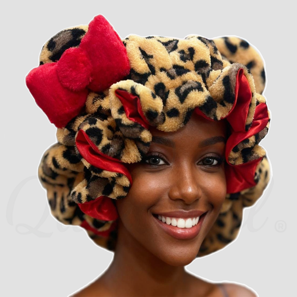 Leopardo marrón oscuro+satén rojo