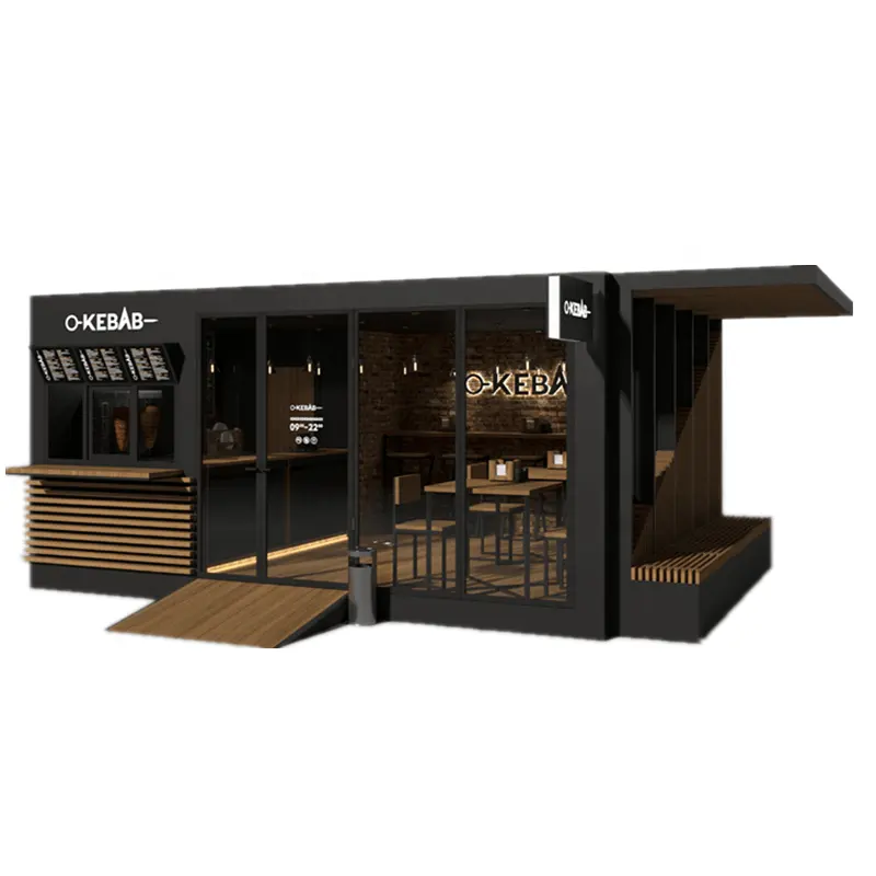 Conception de kiosque de café de porte en verre trempé en bois de fermeture extérieure