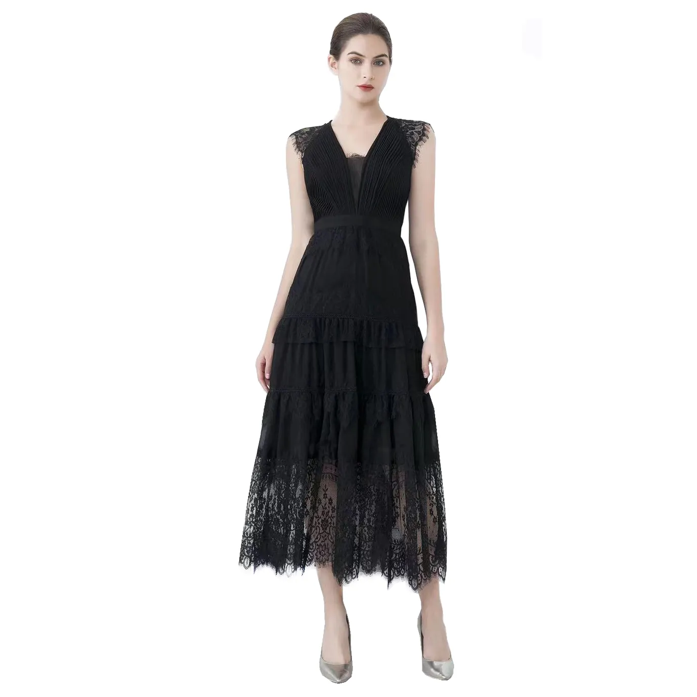 2024 New Arrivals Women Clothing Manufacturers Custom Fashion Trend Pleated Laced Backless Party Dress Black Evening Dresses