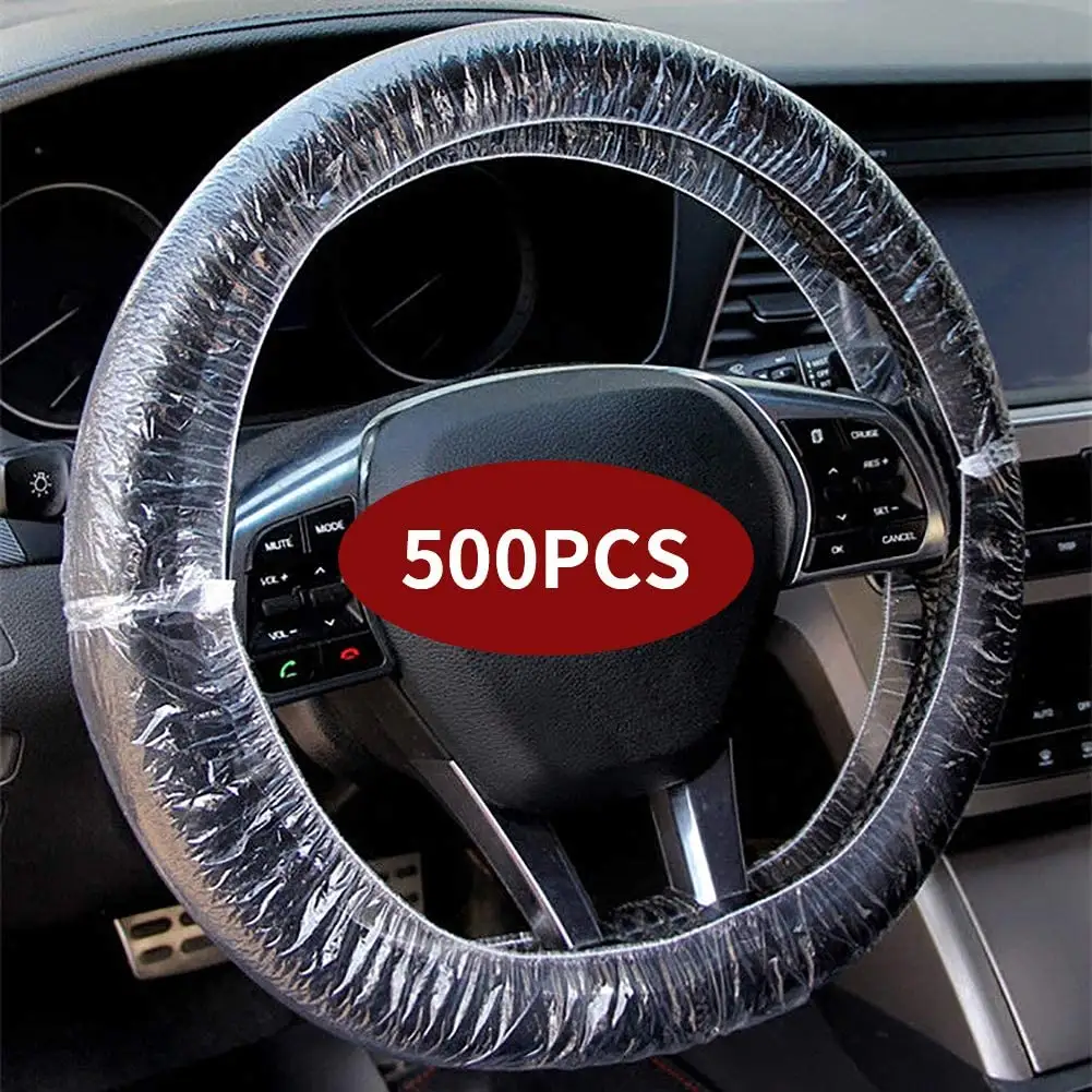 Unids/bolsa Universal desechable para volante de coche, cubierta de plástico transparente con adornos elásticos, 500