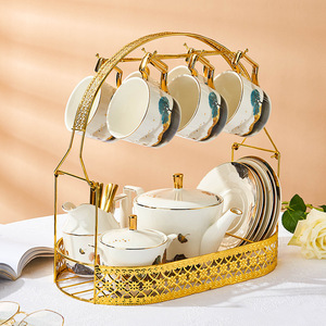 陶瓷咖啡杯和餐盘套装带金框的下午茶茶壶套装15件 - Product Image 2