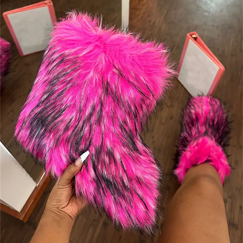 IDOIT Auf Lager Pink Imitation Waschbär Fox Fur Boots Damen Schuhe Warm Hearted Boot für Frauen