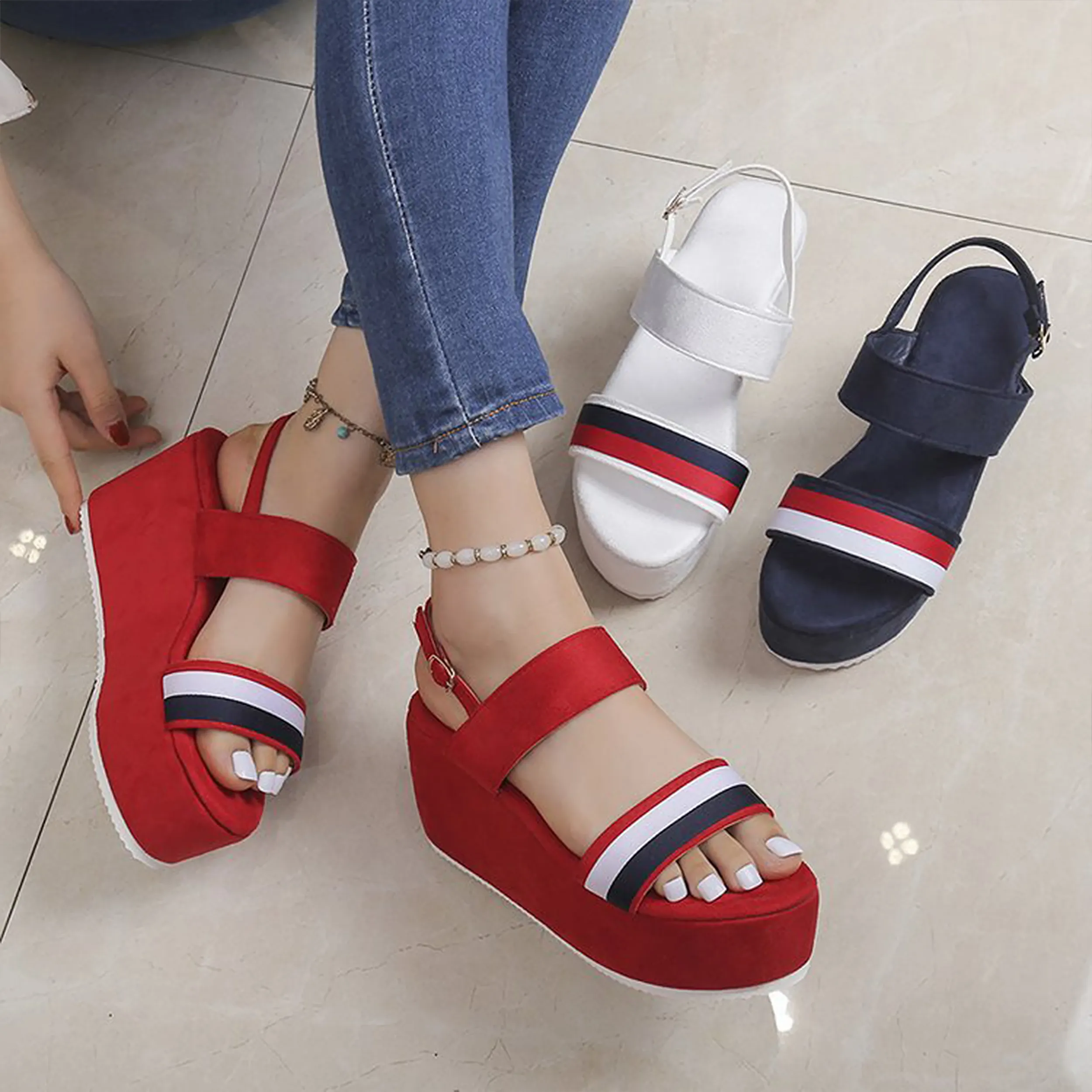 Neue Sommer Knöchel Schnalle Absatz Sandalen Plattform Chunky Heels Schuhe Designer Sandalen für Frauen Wedge Schuhe