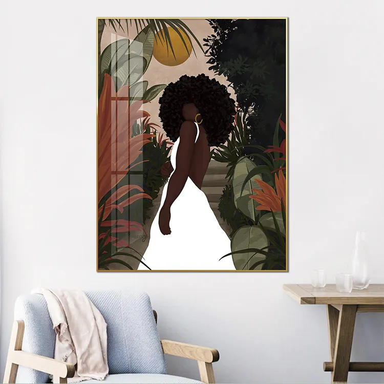 Donna africana nel paesaggio tropicale pittura in porcellana di cristallo e arte della parete per la decorazione domestica astratta stile donna nera africana