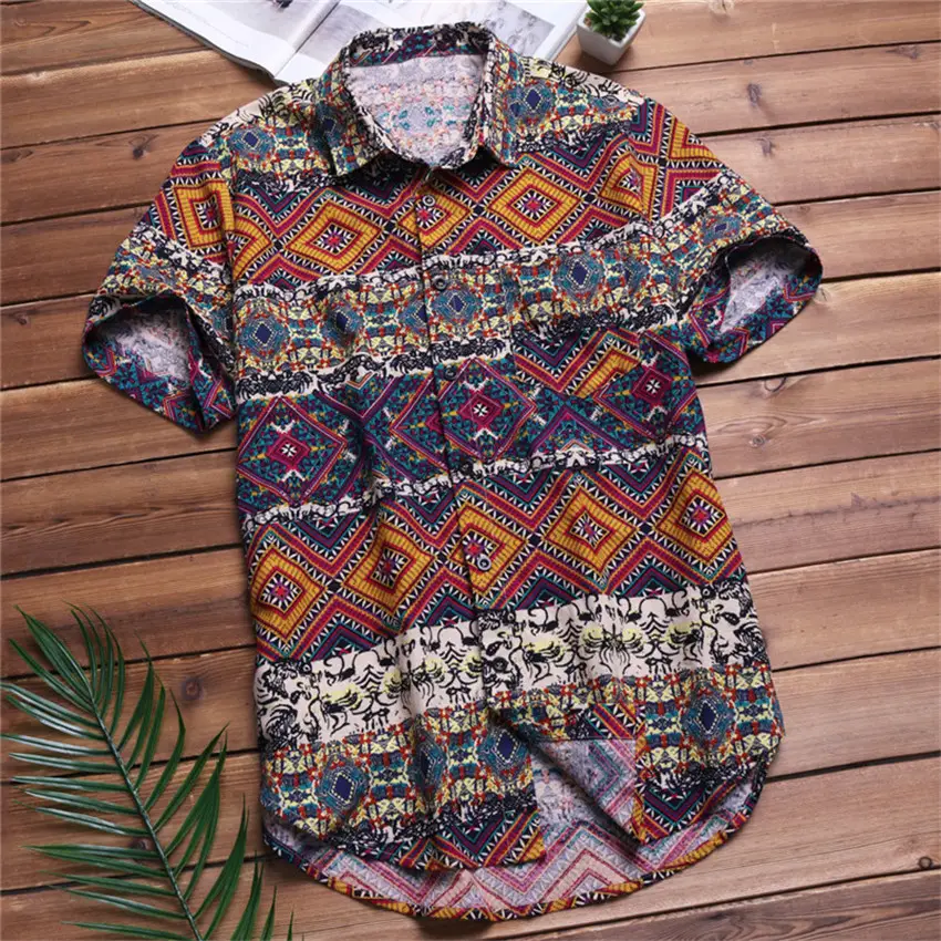 Los hombres de verano colorido impreso hawaiana informal geométrica Plus tamaño camisas de manga corta