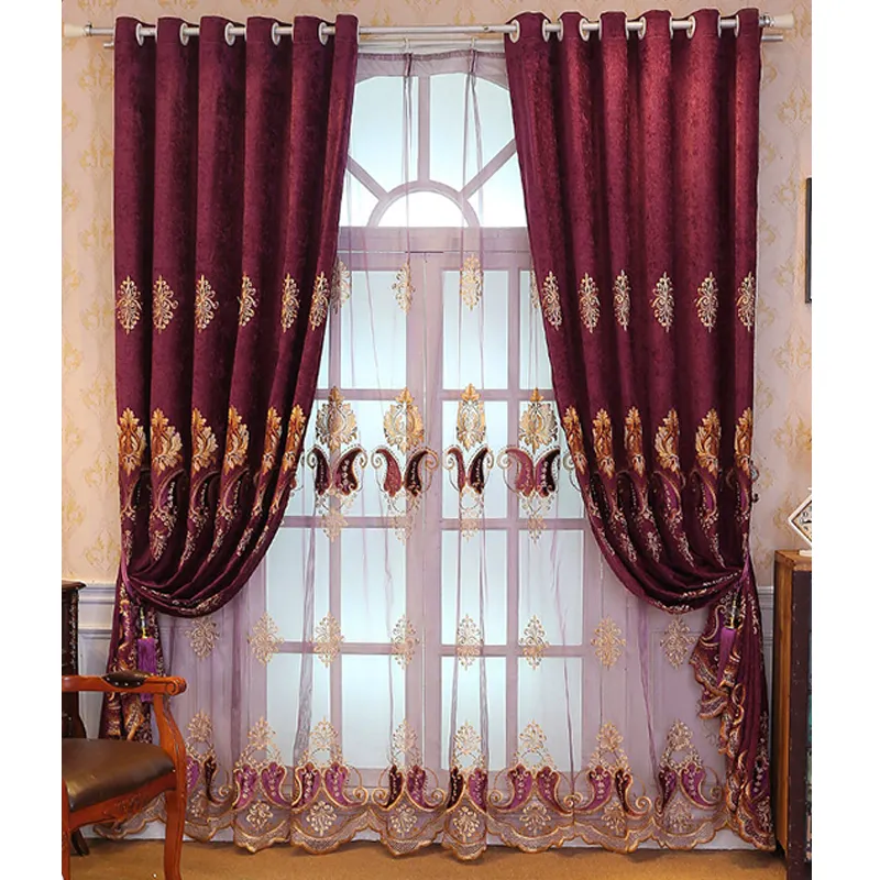 Europese Stijl Chenille Stof Gordijnen Licht Luxe Jacquard Hoge Shading Geborduurde Kant Gordijnen Voor De Live Kamer