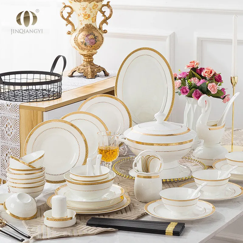 Luxury Gold 60pcs 28pcs Wholesale Commercial Bone China Ceramics Plates Dinnerware Sets