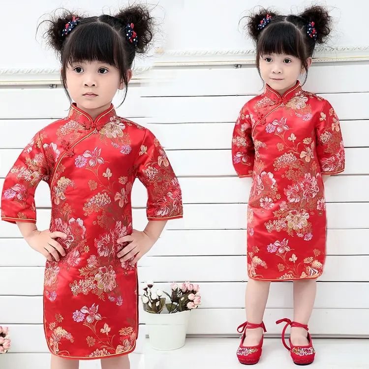 الاطفال تشيباو فستان فتاة الجاهزة الصينية التقليدية طفلة أوبرا زي طويلة الأكمام الرجعية الأزهار البسيطة تشيباو اللباس للأطفال