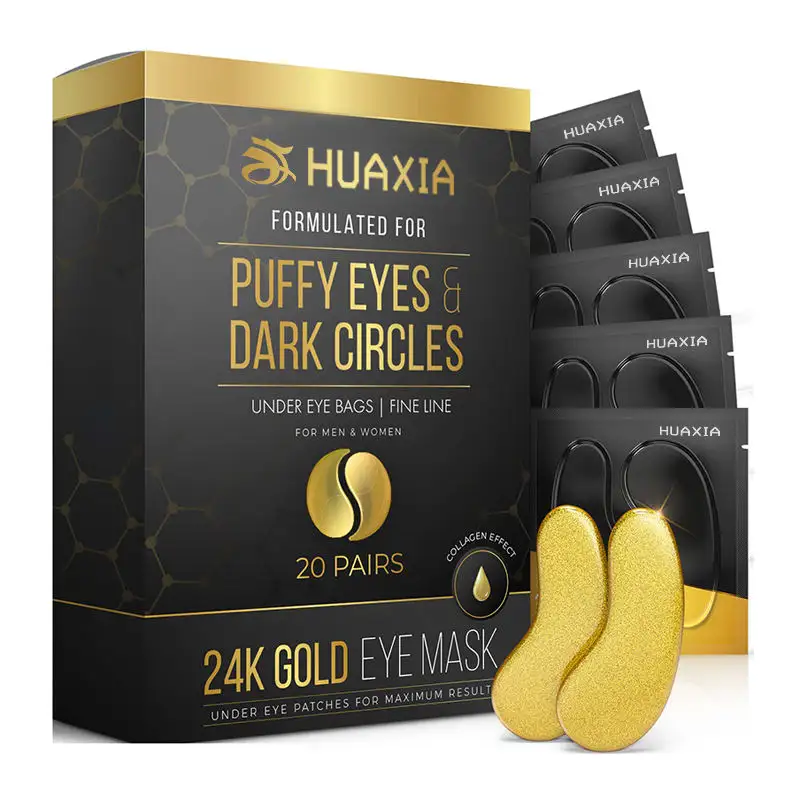 HUAXIA Private Label 24K Gold Mascarillas de tratamiento de ojos con colágeno Cuidado DE LA PIEL Parches debajo de los ojos 20 pares de mascarillas debajo de los ojos