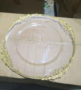 盘子金色透明婚礼SL220326-1批发塑料圆形可重复使用的婚礼装饰塑料餐具套装