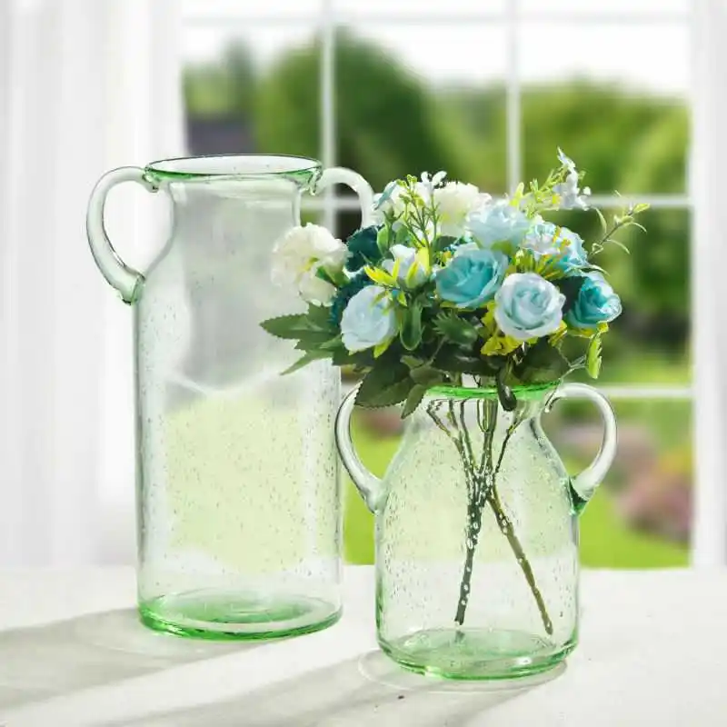 Vaso di fiori cilindrico in vetro colorato blu viola personalizzato alto moderno all'ingrosso con manico