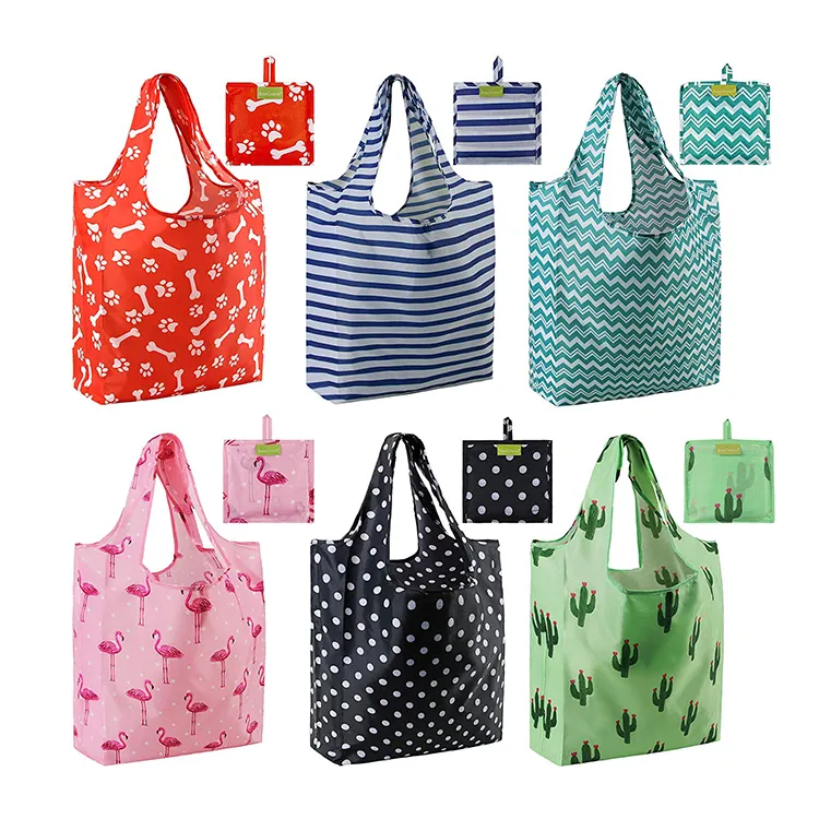 Foldable पुन: प्रयोज्य किराने की खरीदारी यात्रा ढोना बैग धो सकते हैं रंगीन पर्यावरण गुना-अप Ripstop नायलॉन पॉलिएस्टर बैग
