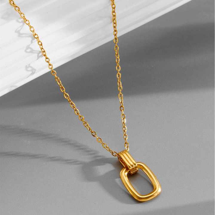 18K PVD Gold Stainless Steel Geometric Double Ring Pendant Necklace for Women | Minimalist Twist Rope Chain | Hypoallergenic