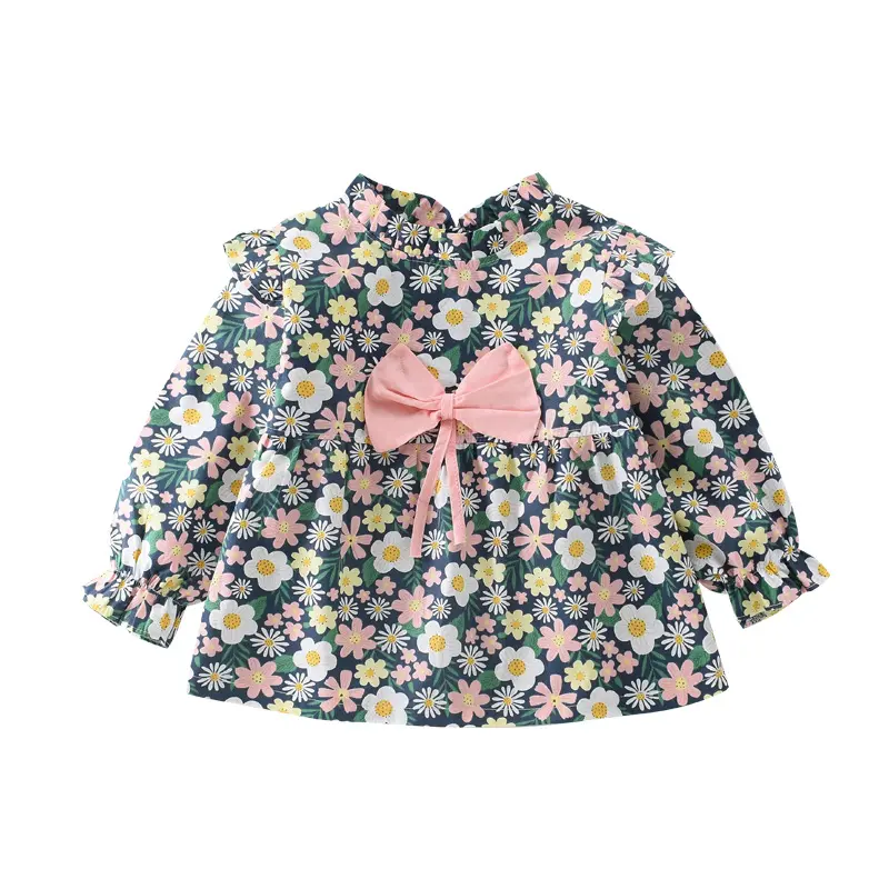 Girls Korean Long-Sleeved Floral Blouse Baby Smock Back To Wear Clothes Children's Spring Autumn Models Bib Apron 2024 New