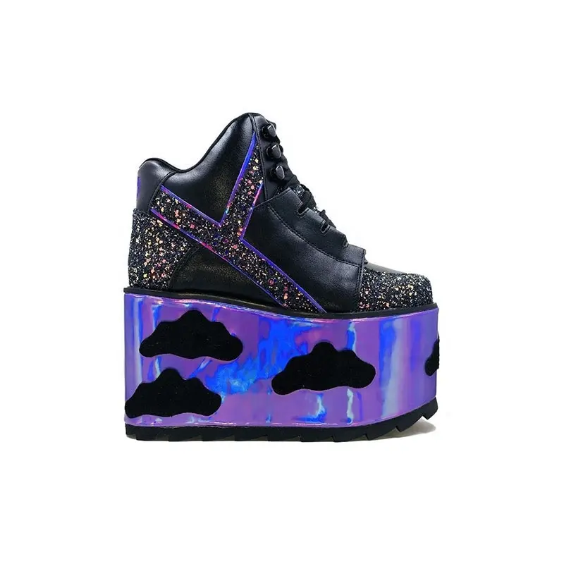 2022 Customized Glitter Sequins Round Fashion Pump Shoes Black Plus Size Slip On Lace Up Punk Super High Wedge Ankle Boots