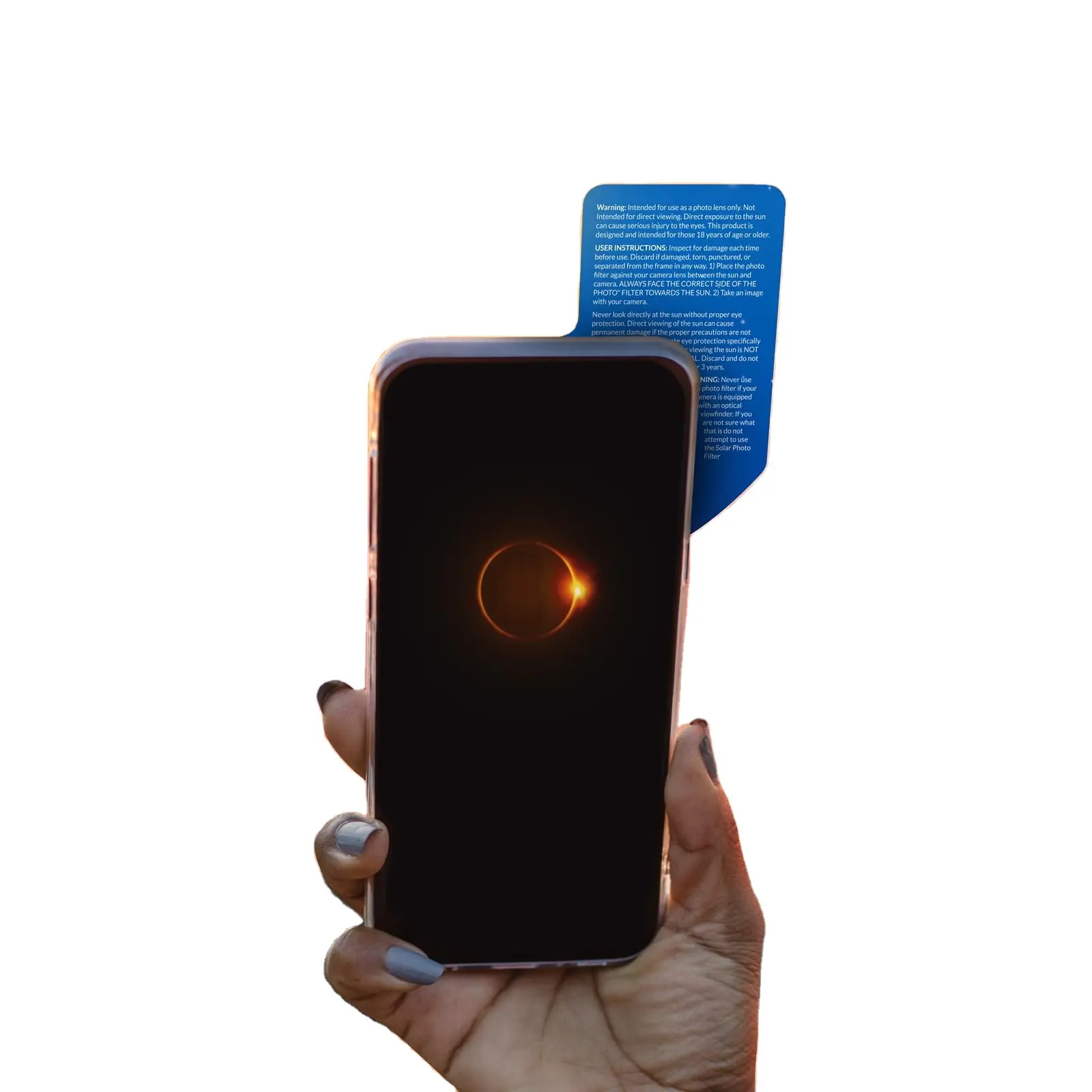 Óculos de visualização de eclipse, proteção de segurança para visualização direta à luz solar, vem com lente de filtro fotográfico para smartphone com desenho de estrela azul