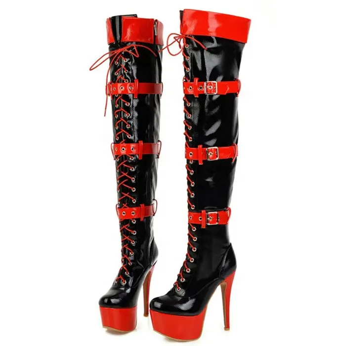 Tamanho grande 48 mulheres high plataforma botas dançarino do pólo jogo de cores stiletto botas longas senhoras lace up coxa botas altas botas de fivelas de metal