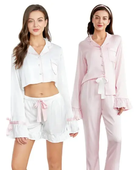 साटन रेशम पजामा महिलाओं के सेट पाजामा सर्दियों नाइटवियर Nightwear के लिए 2Pcs पजामा पार्टी कपड़े