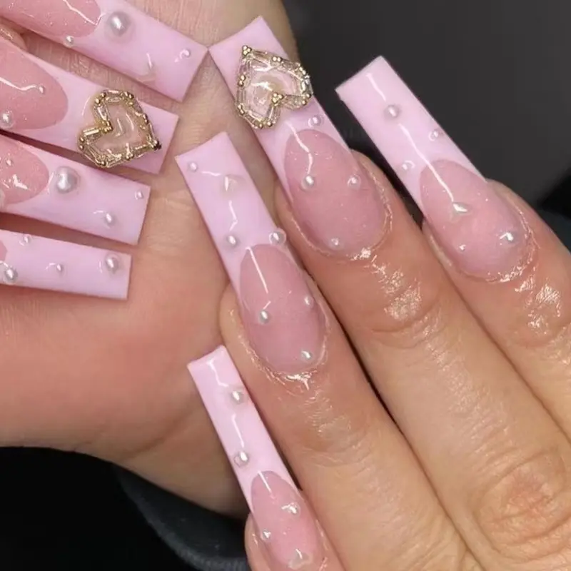 Uñas de fábrica al por mayor, en el ataúd de ballet, rosa, perlas en forma de corazón, manicura francesa