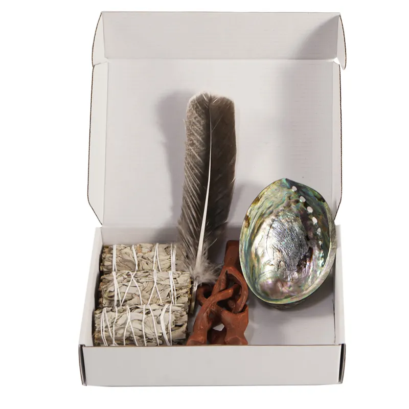 Best Selling Incense Meditation Feather Palo Santo Abalone Shell Tripod Stand White Sage Bundle Smudge Incense Stick Kit