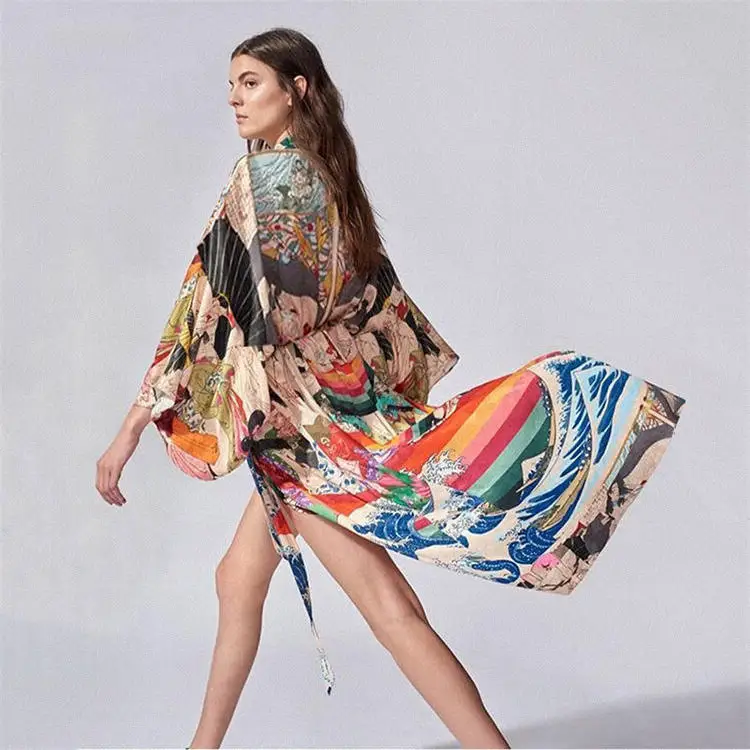 Casaco kimono de luxo feminino, capa de praia floral civer de luxo longo aberto kimono vestido de cobertura para praia