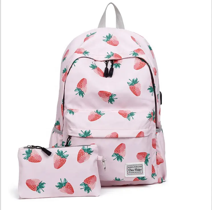 Mochila rosa com estampa de morango, bolsa para escola com estampa de morango e livro, à prova d'água, preço baixo