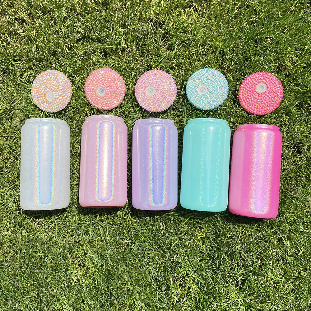 rhinestone lid holographic shimmer glass can 16oz ombre glitter shimmer glass can with bamboo lids For Heat Press Printing