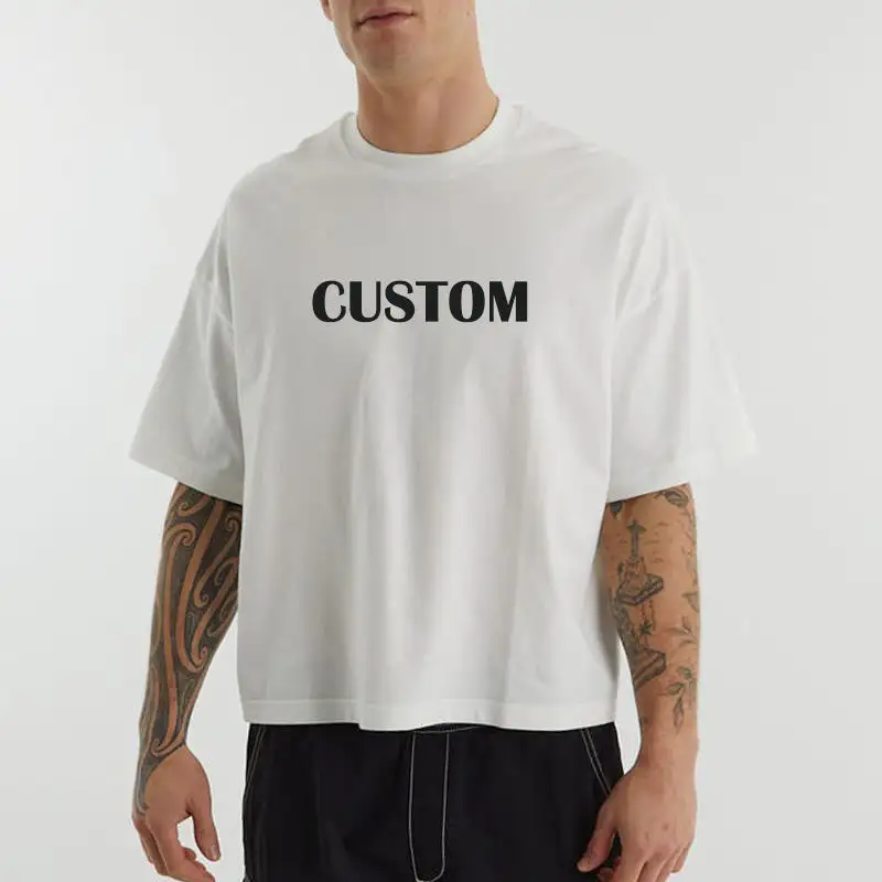 Camiseta recortada para hombre, logotipo personalizado, pantalla, Impresión DTG en blanco, 100 algodón, 260GSM, caja de longitud de hombro caído, camiseta de gran tamaño para hombre