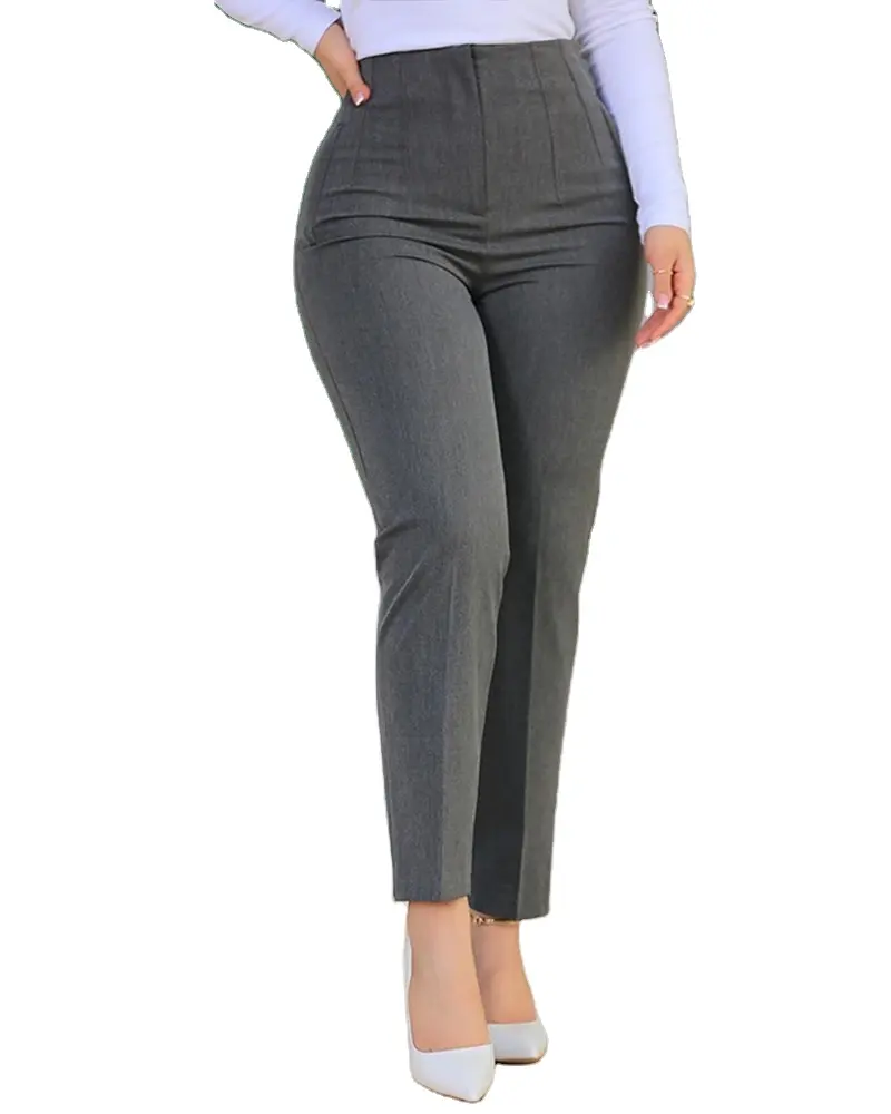 Venta al por mayor Casual Color sólido Tallas grandes 2Xl Slim Fit Plisado Cintura Pantalones de pierna recta Oficina Formal Trabajo Traje Pantalones Mujeres