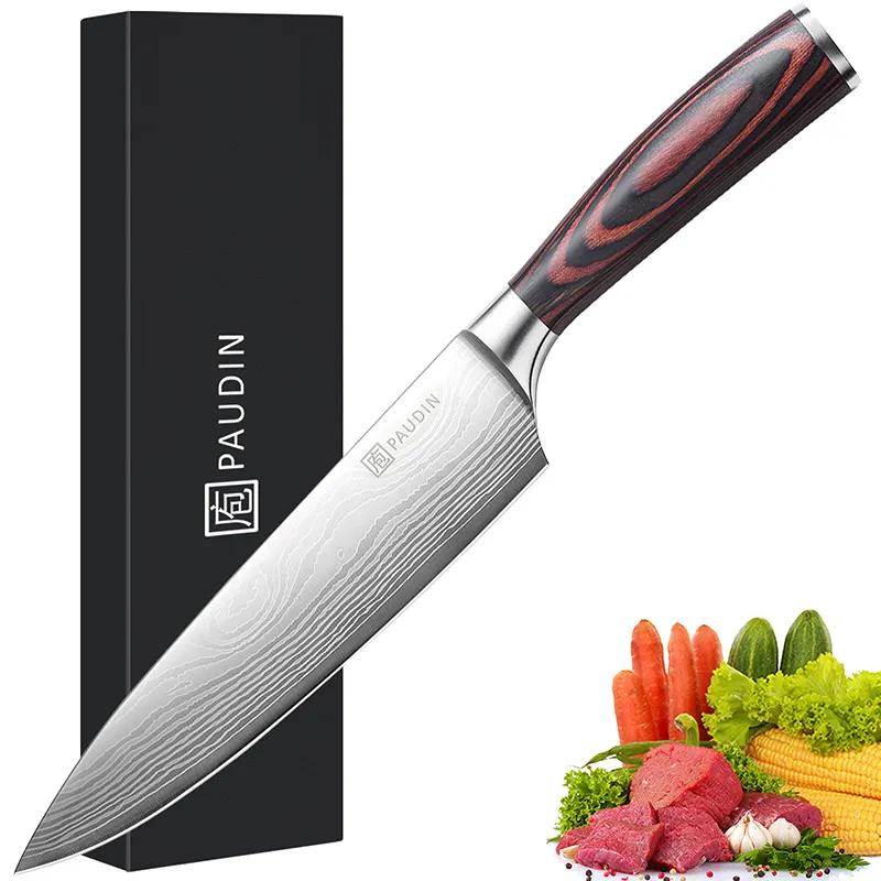 AMZ Best Seller 8 inch Pakkawood Handle Stainless Steel Chinese Kitchen Chef's Knife Cutlery Set