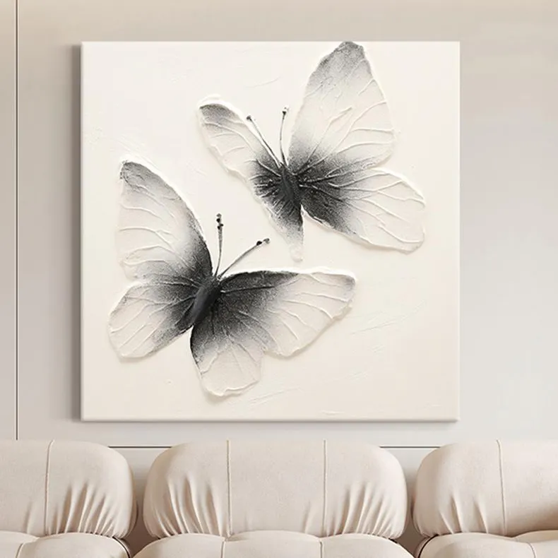 Modern kelebek siyah ve beyaz boyama kanepe dekoru 3D duvar yapıt 100% el boyalı boyama tuval doku yağlıboya