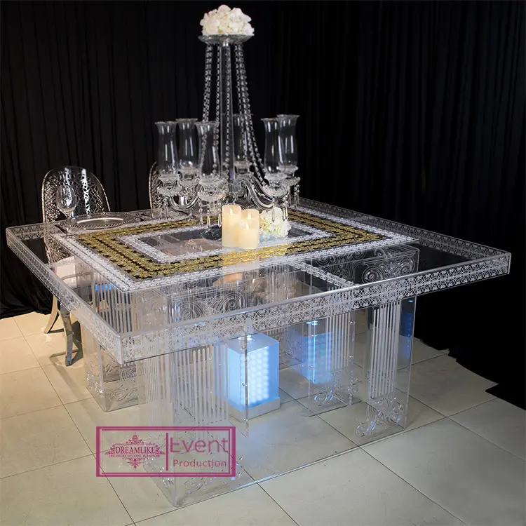 Mesa de comedor con base acrílica transparente, Forma cuadrada, de plástico, led, para boda