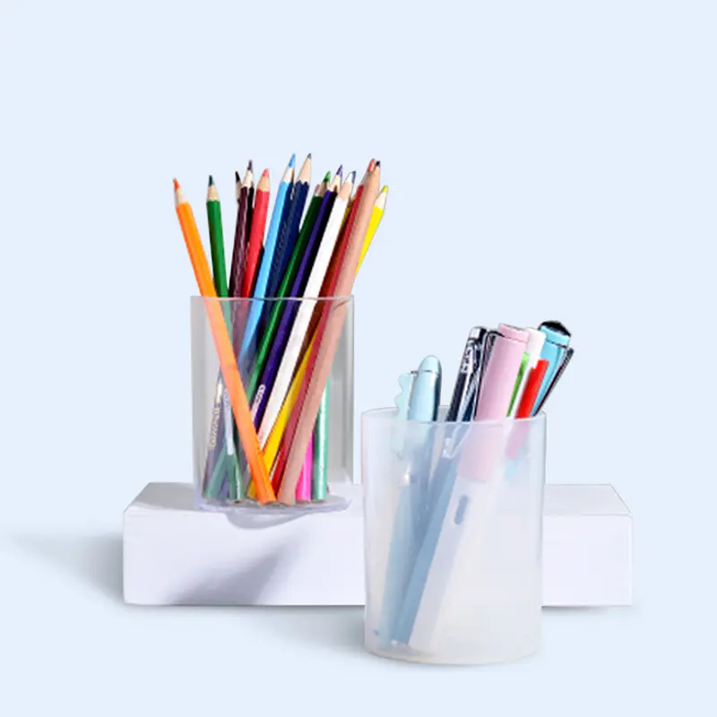 Porte-stylo rond transparent bleu rouge jaune porte-stylo rond en plastique porte-stylo personnalisé de haute qualité