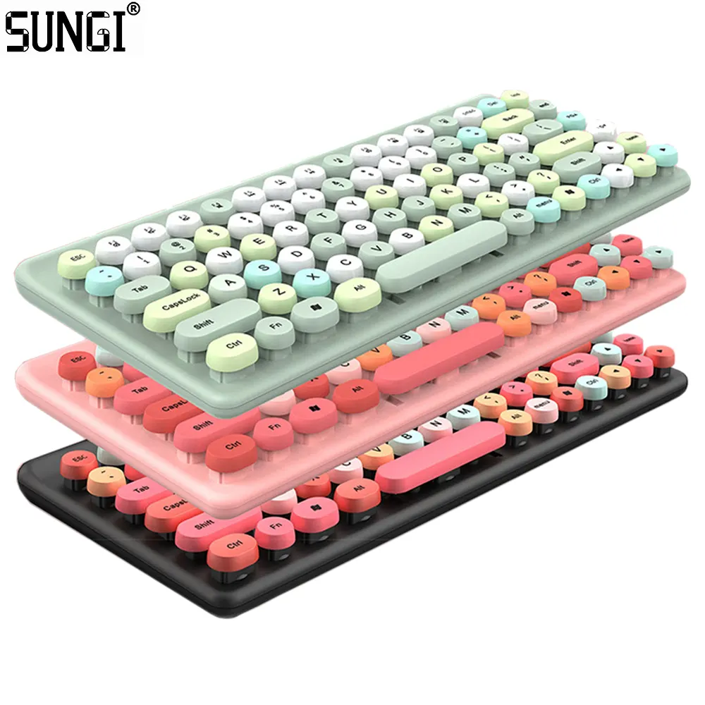 2.4GHz Wireless Computer Keyboard Cute Retro Keyboard with Colorful Round Keycaps for Laptop/PC/Mac/Windows